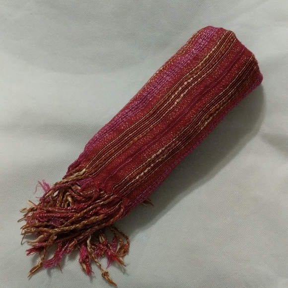 Charming Charlie Pink Red Silver Metallic Thread Woven Scarf with Fringe - Picture 5 of 5